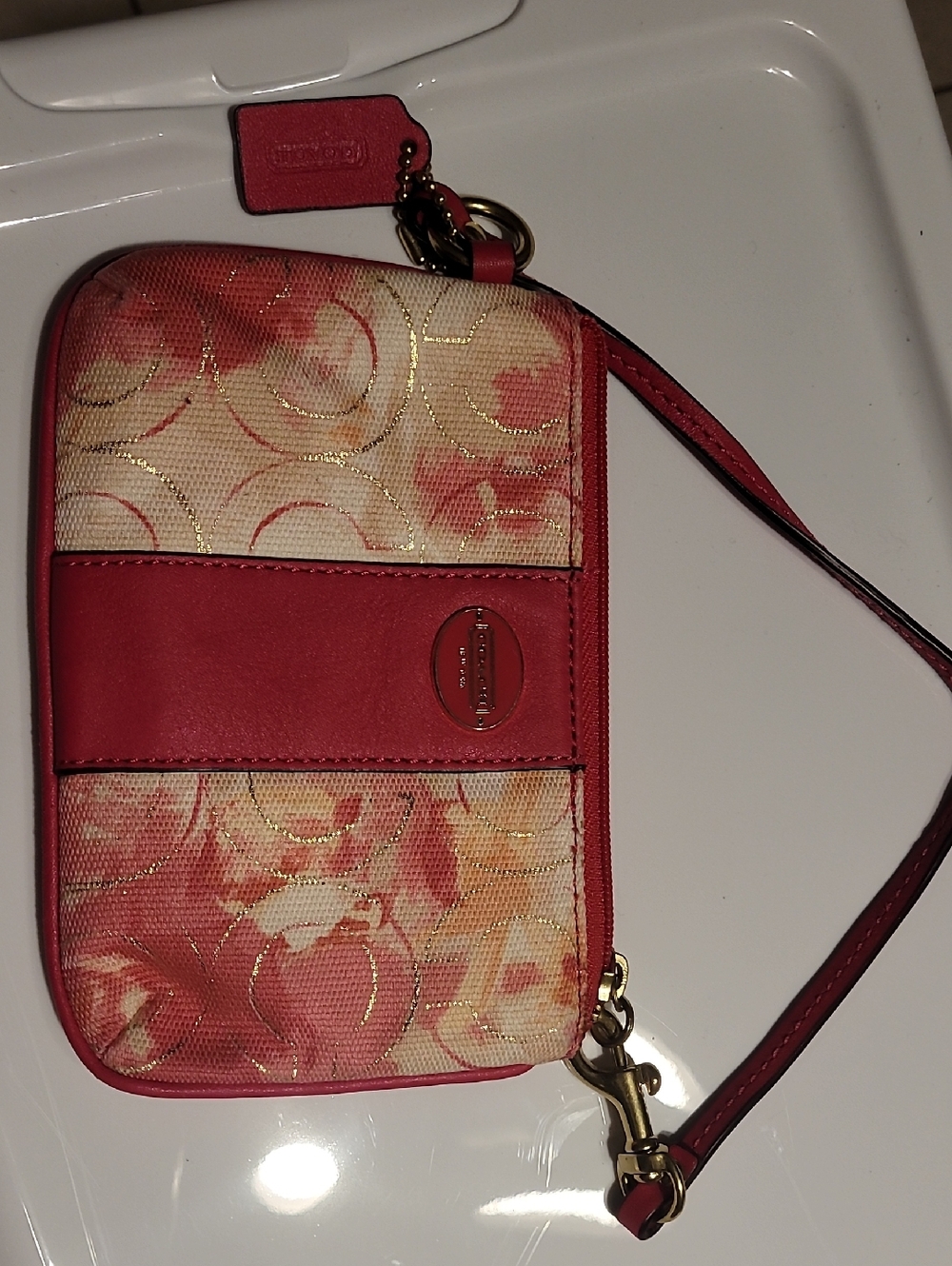 Coach Coral Pink Floral Signature Wristlet